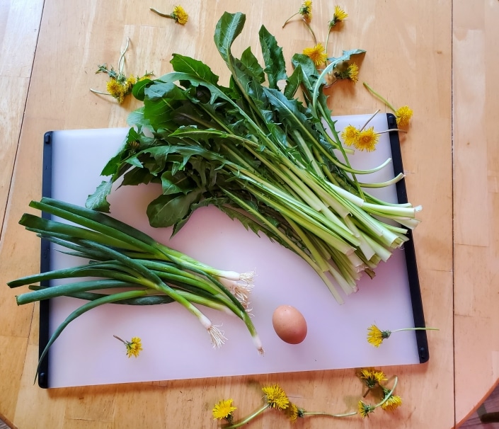 Ingredients for dandelion salad with scallion dressing