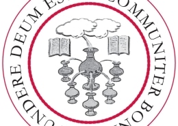Illustration of the seal of the Library Company, with books pouring knowledge from single large jar to many smaller jars