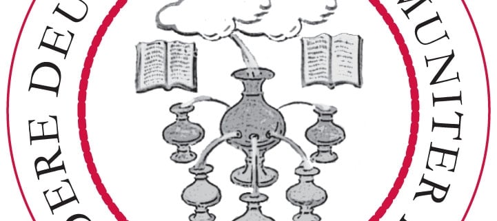 Illustration of the seal of the Library Company, with books pouring knowledge from single large jar to many smaller jars