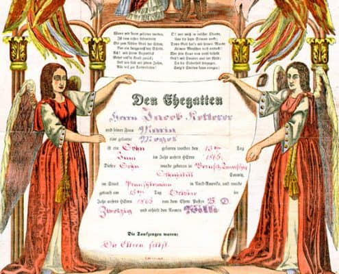 German language baptism certificate with angels and scenes from the bible, and of a baptism.