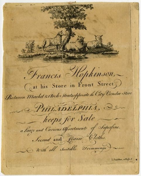 Francis Hopkinson trade card, ca. 1769.