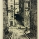 Joseph Pennell, Water Street Stairs (Philadelphia). Etching. Two shadowy figures stand at the top of an alley stairway in background, alley has many bills posted, man in sailor outfit in the bottom foreground.