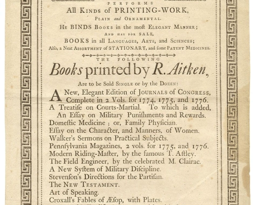 Photograph of printed broadside advertising Robert Aitken's shop